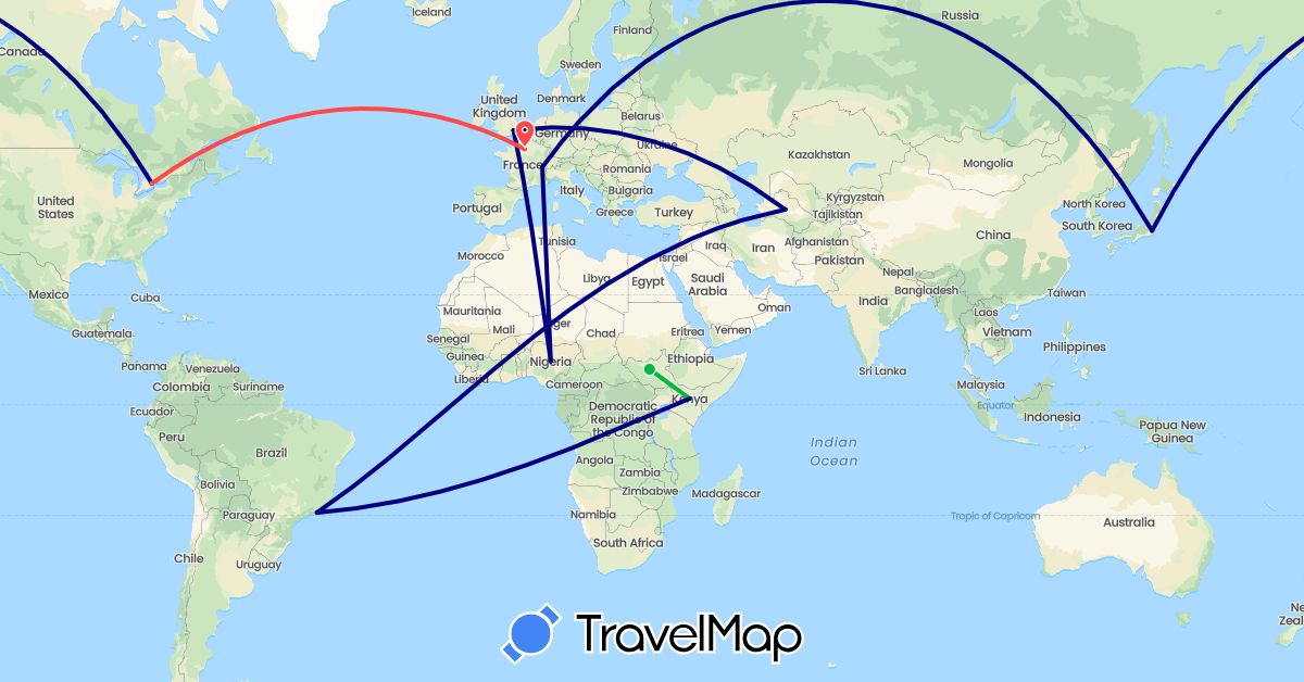 TravelMap itinerary: driving, bus, hiking in Brazil, Canada, Switzerland, France, United Kingdom, Japan, Kenya, Nigeria, Sudan, Turkmenistan (Africa, Asia, Europe, North America, South America)